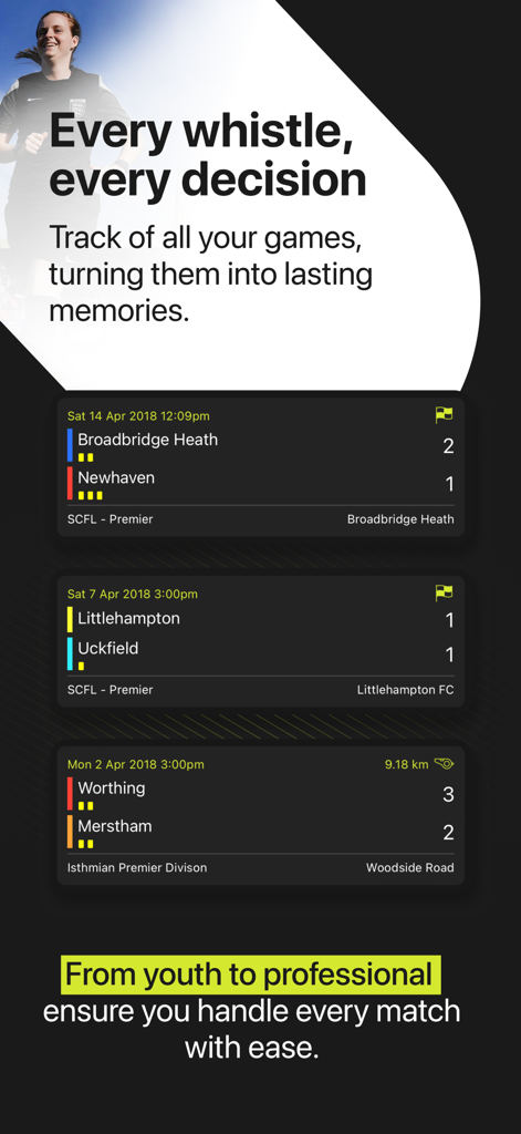 A mobile app screen showing a list of soccer match results and cards tracked by a referee