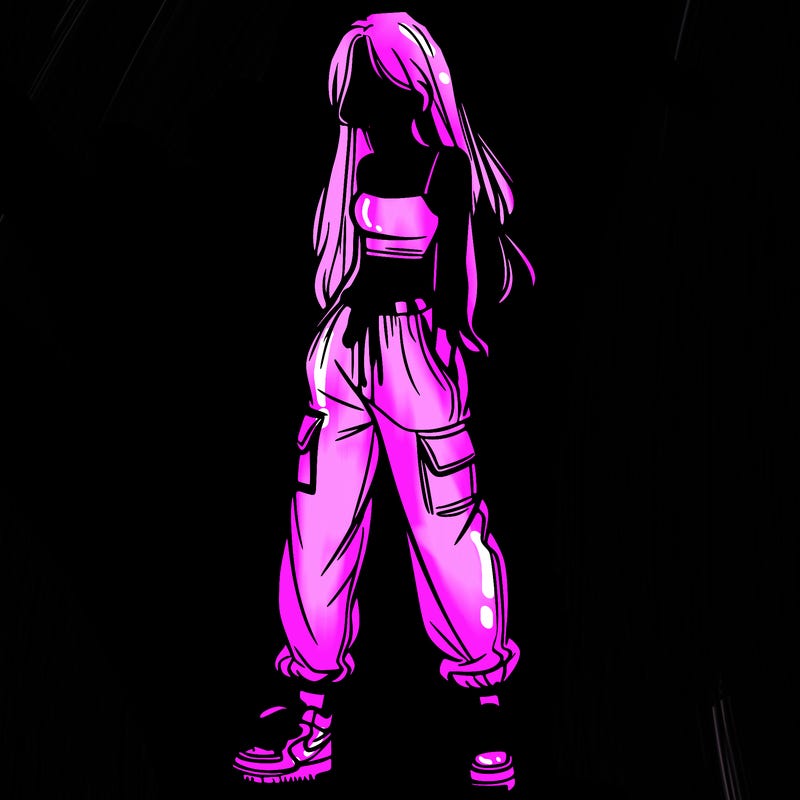 girl in baggy pants crop top and long hair