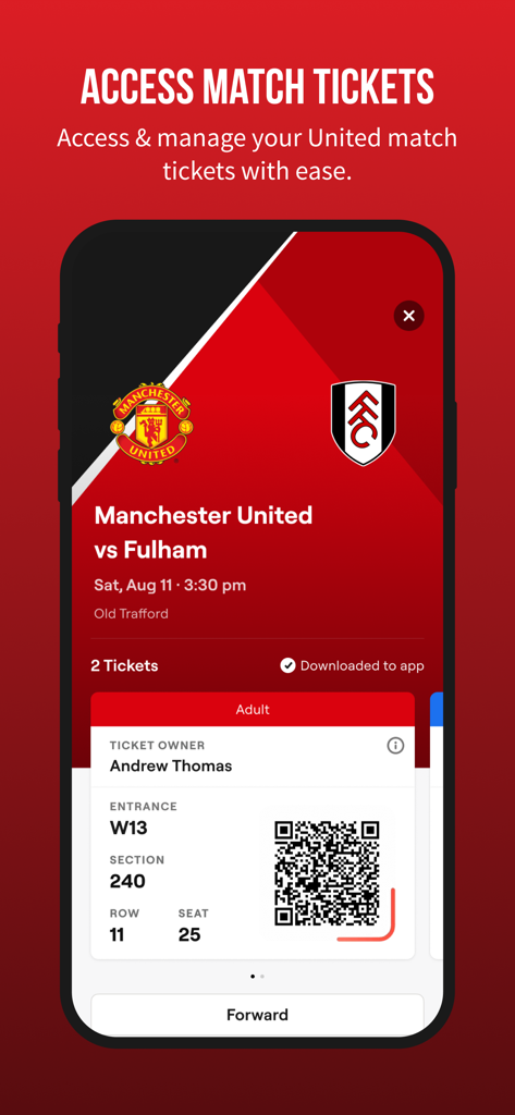 Manchester United official app digital match ticket interface with QR code