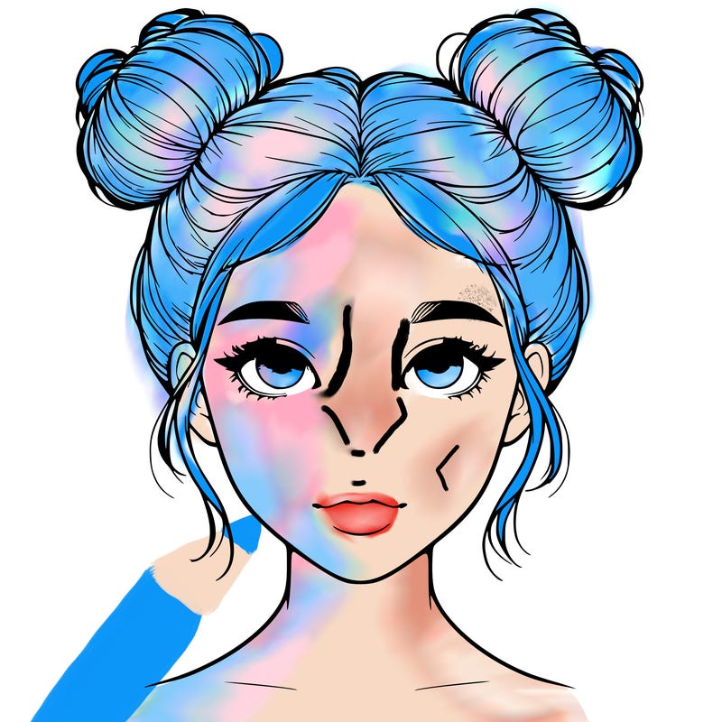 realistic girl with two buns on top of her head