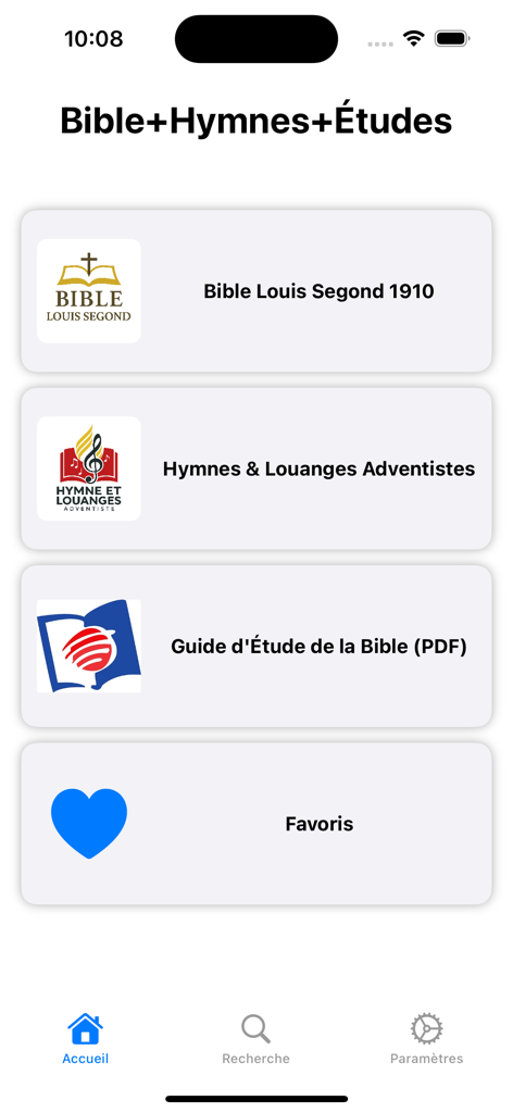 Bible-hymne-Guide - Menu principal do aplicativo Guia Bíblia-Hinos apresentando seções para a Bíblia Louis Segond 1910, Hinos Adventistas e Guias de Estudo Bíblico.