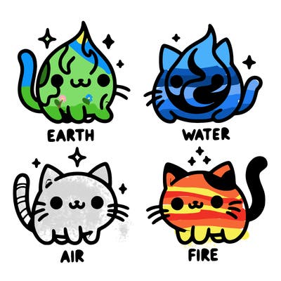 4 cats that represent the different elements, earth, water, air, and fire