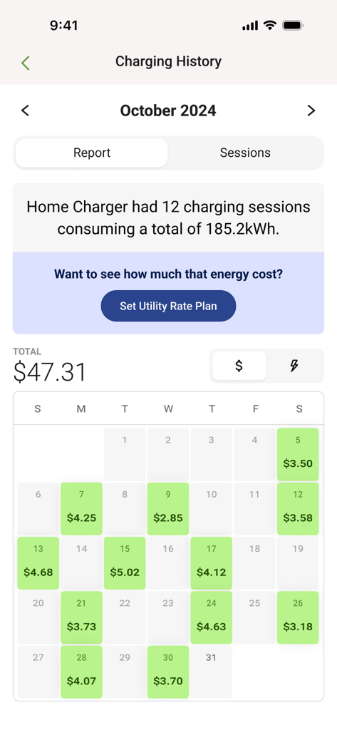 Emporia Energy - Emporia Energy app charging history report showing daily EV charging costs in a calendar format.