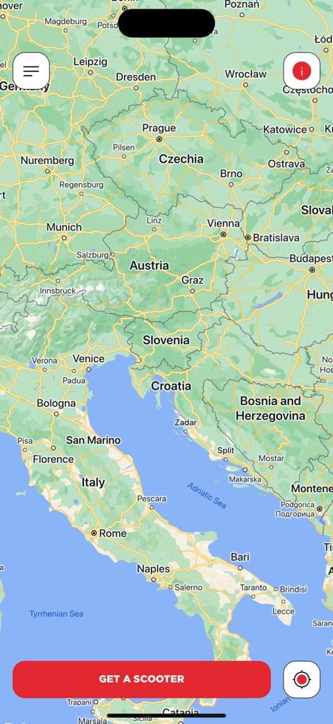 KVIK Sharing - Map interface of the KVIK Sharing app with a button to get a scooter