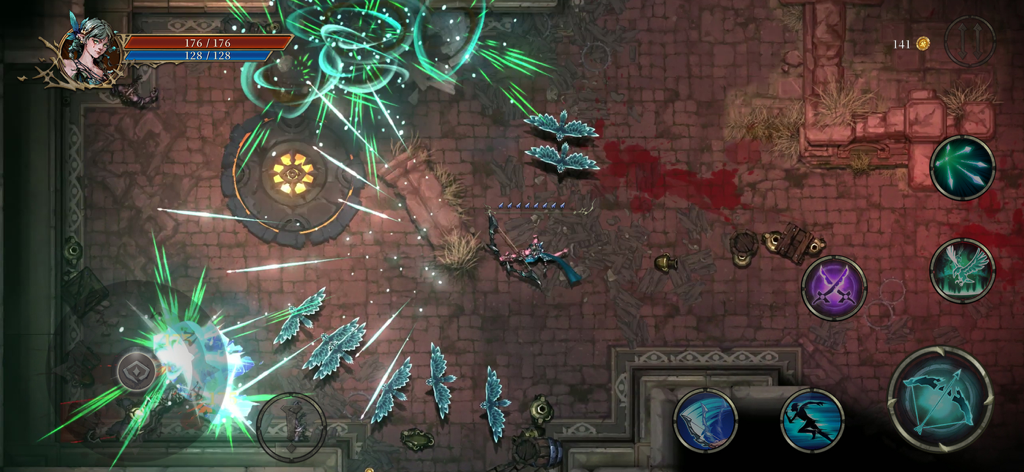 Shadow of the Depth - Top-down action combat in Shadow of the Depth featuring a hunter character and green projectile effects in a dungeon