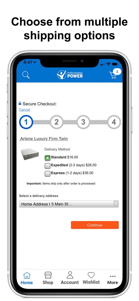 Purchasing Power app checkout screen showing standard expedited and express shipping options