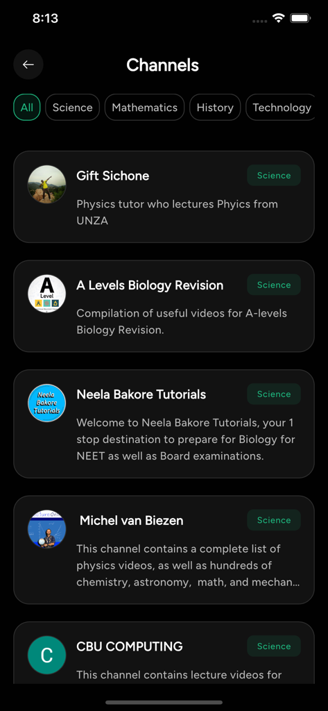 Estudy Learn - Estudy Learnアプリでは、科学や技術などの科目別に分類された教育学習チャンネルのリストが表示されています。