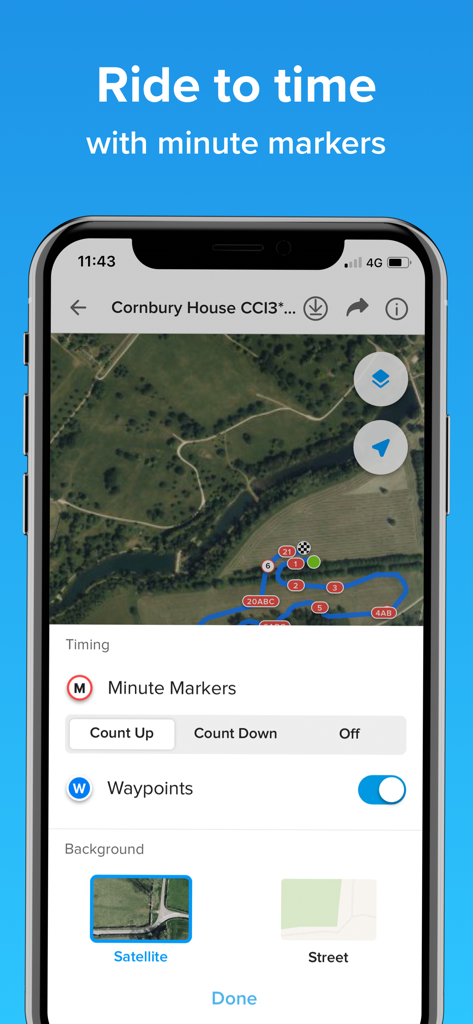 CrossCountry 2 - CrossCountry 2 app interface showing a satellite course map with GPS minute markers for equestrian eventing.