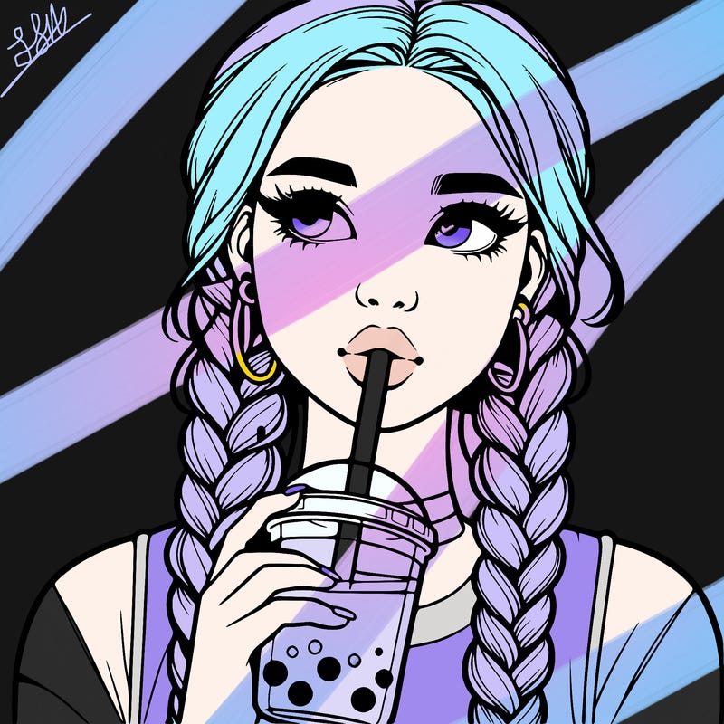 realistic girl with braided hair drinking boba
