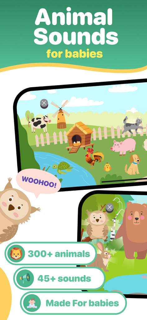 Toddler puzzle games for baby - Educational game screen for toddlers featuring various animals and their sounds