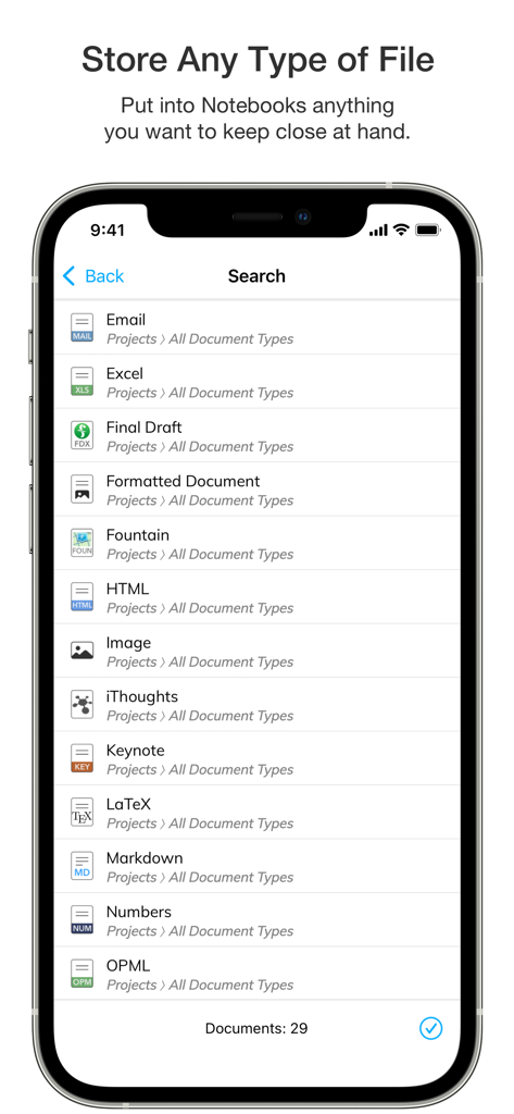 A search list in the Notebooks app displaying various supported file formats including Email, Excel, HTML, and Markdown.