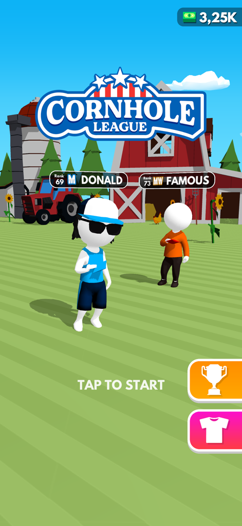 Cornhole League 모바일 게임 시작 화면, 농장 배경에 3D 캐릭터 등장