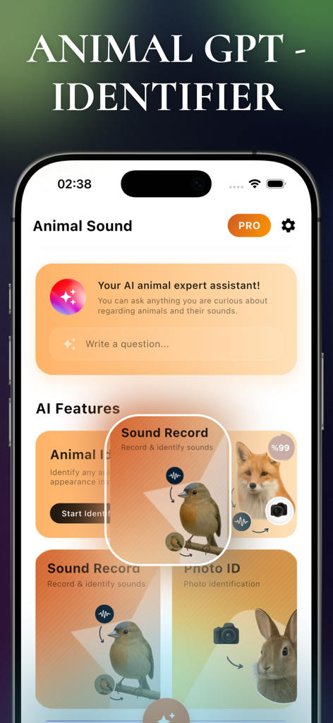 Animal Sound Identifier - Interface of Animal Sound Identifier AI app showing the AI animal expert assistant and identification tools for sound and photos.