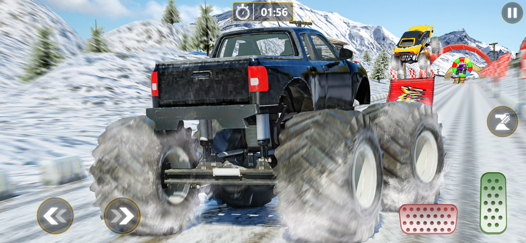 A black monster truck driving on a snow covered mountain track with mobile game controls