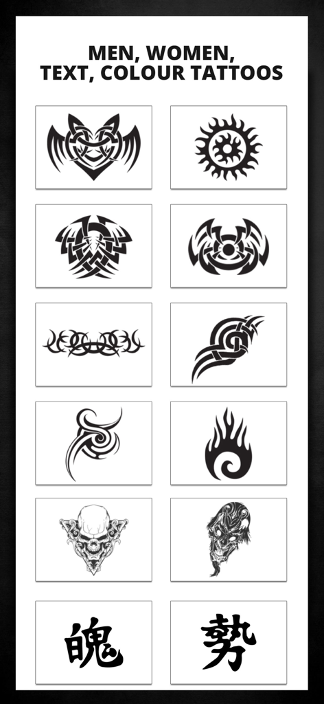 Tattoo Maker Design Editor - A collection of black ink tattoo designs including tribal patterns skulls and symbols for photo editing