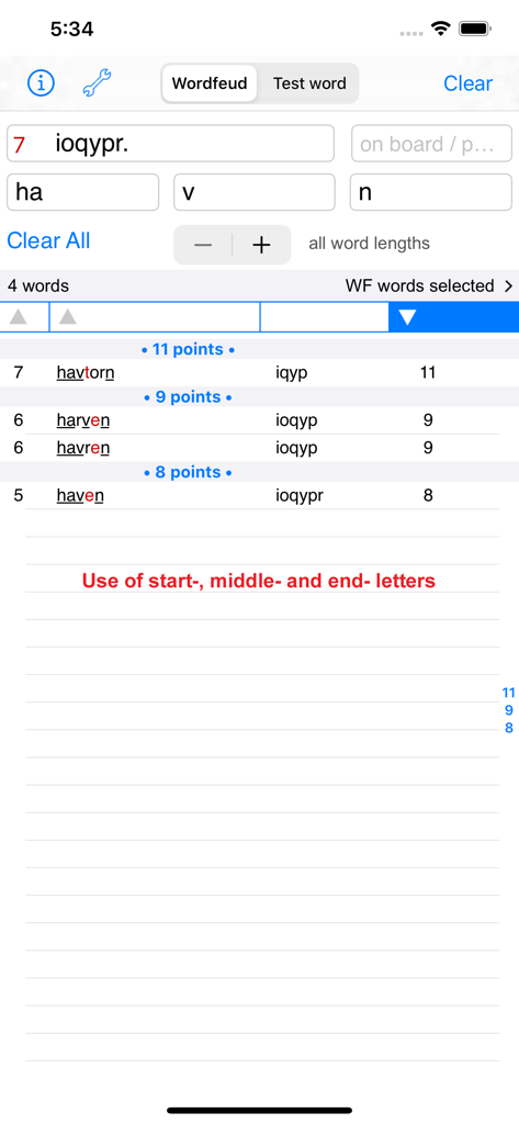 Svenska Words Finder Wordfeud - Interface of the Svenska Words Finder app showing word results and point values for Wordfeud