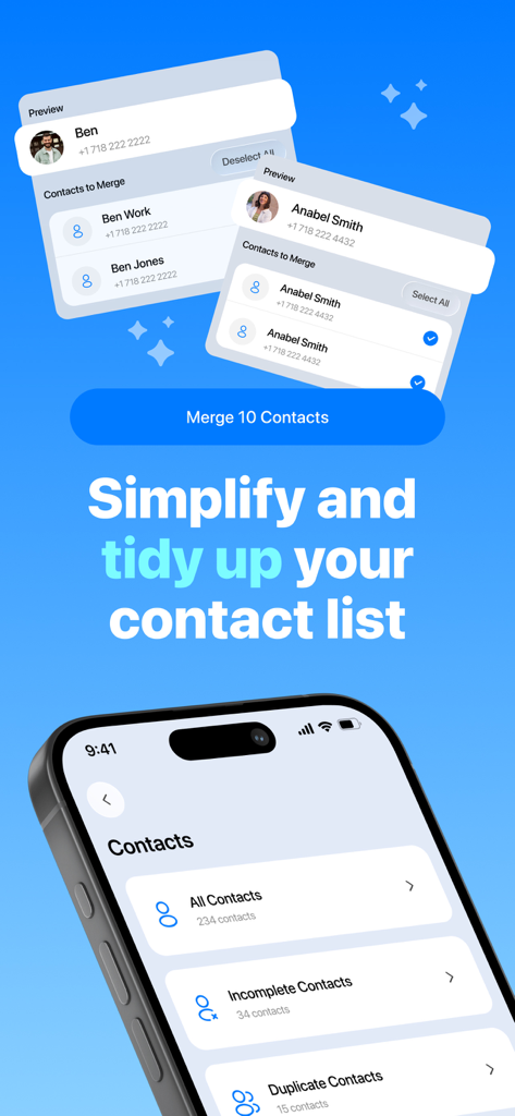 Oxio - Cleaner App - Oxio app interface for merging duplicate contacts and tidying up the contact list