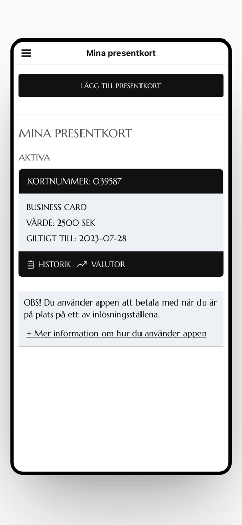 RestaurangGuiden's Gift Card - RestaurangGuiden app screen displaying a digital business gift card with balance and expiry date