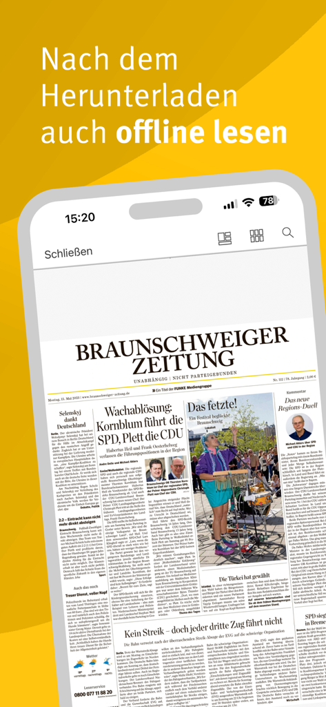 A smartphone displaying the Braunschweiger Zeitung E-Paper app with a headline promoting the ability to read news offline after downloading