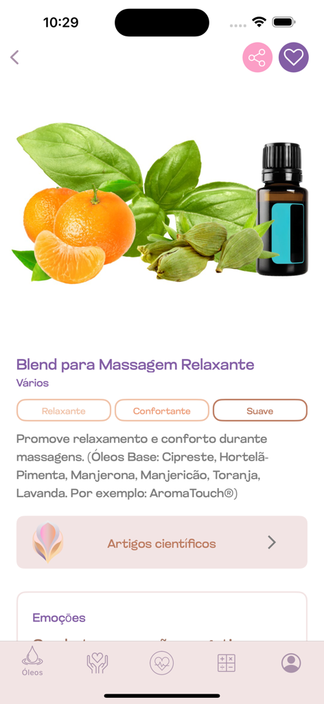OLYA App - OLYA app screen showing a relaxing massage essential oil blend with scientific references and ingredient information