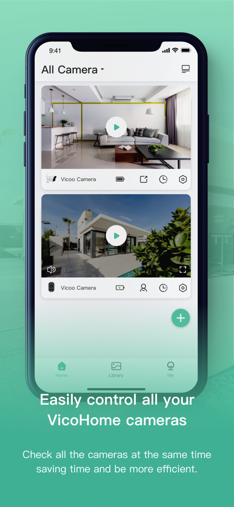 VicoHome: Smart Home Camera - Tela do iPhone exibindo o aplicativo VicoHome com múltiplas transmissões ao vivo de câmeras de segurança