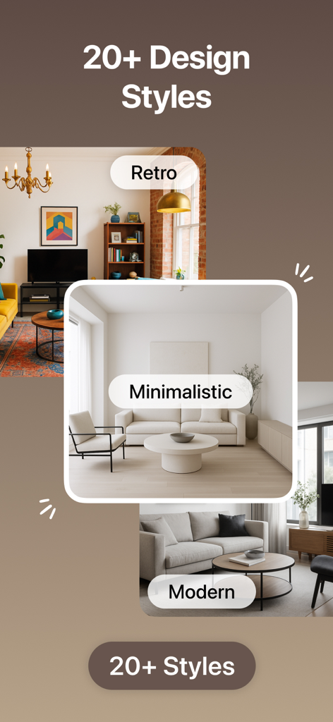 A showcase of different interior design styles including Retro Minimalistic and Modern within the app
