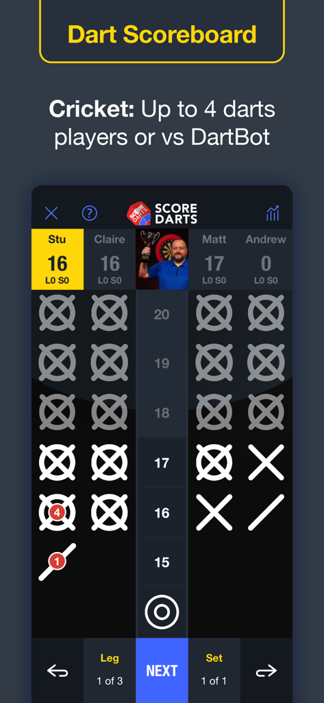 Score Darts Scoreboard - Score Darts 앱에서 4명의 플레이어를 위한 Cricket 게임 모드 스코어보드