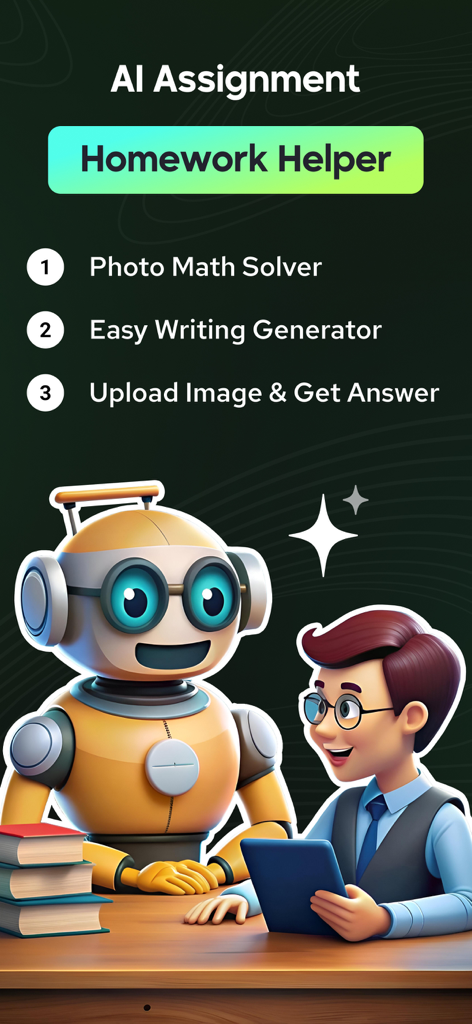 La aplicación de Asistente de Tareas IA muestra el solucionador de matemáticas por foto y las funciones del asistente de escritura con una ilustración de robot.