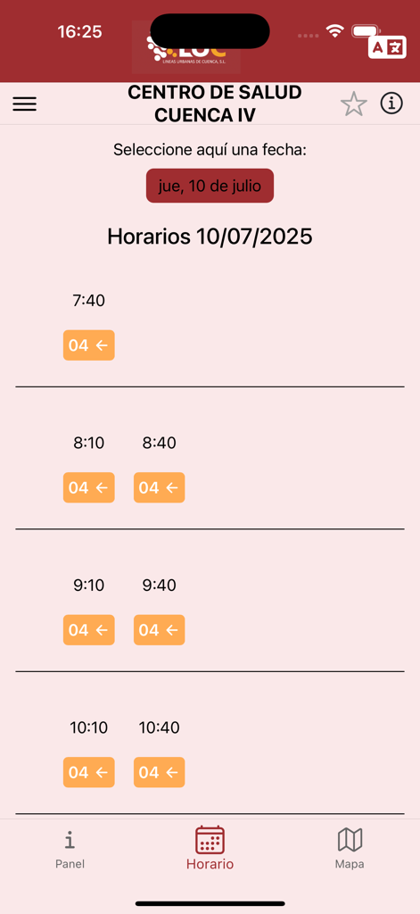 Lineas Urbanas Cuenca - LUC Cuenca app bus schedule screen showing departure times for Line 04 at the Centro de Salud Cuenca IV stop.