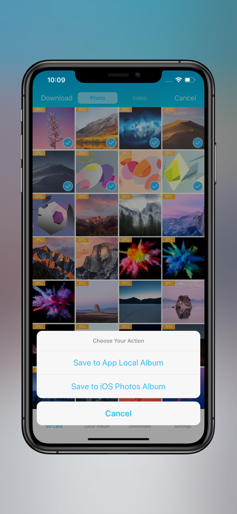 ezShare Lite+ app interface showing options to save selected photos to the iPhone photo album