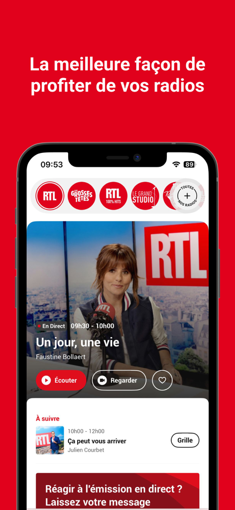 Smartphone screen displaying the RTL radio app interface with a live broadcast and various radio station icons.
