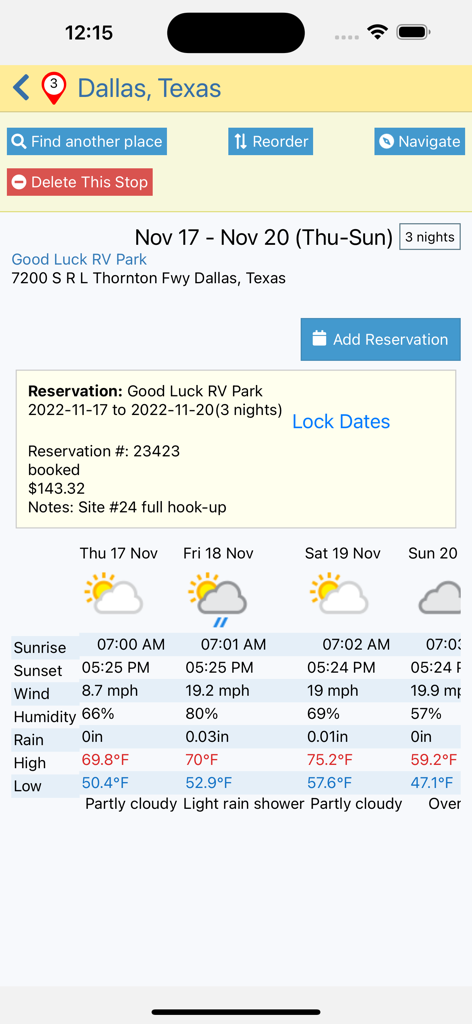 RV Parky app screenshot showing a reservation for an RV park in Dallas with a detailed four-day weather forecast.