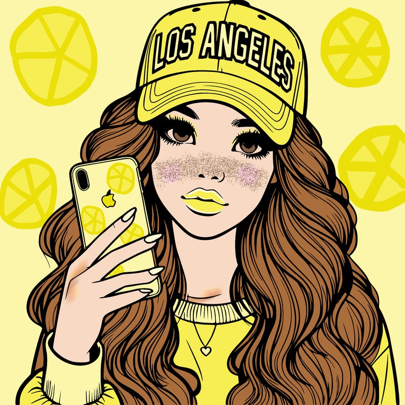 realistic beautiful girl wearing los ángeles cap holding an iphone