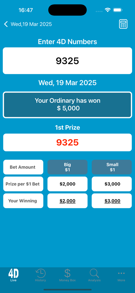 SG Live 4D - Aplicación móvil SG Live 4D mostrando un cálculo de ganancias de lotería para el número ganador de primer premio nueve tres dos cinco