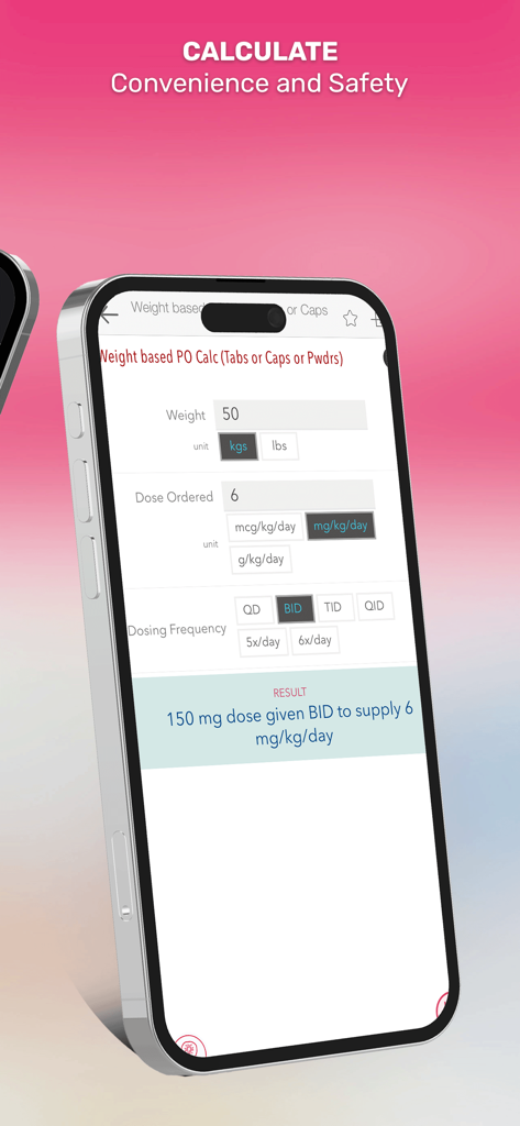 A weight-based drug dosing calculator interface on the Skyscape Rx app showing a calculated dose result for a patient.