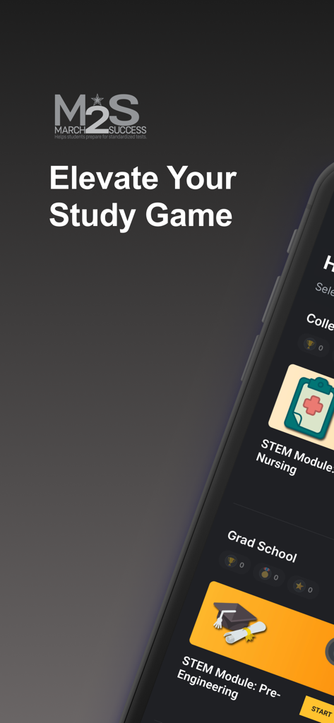 Interface do aplicativo March2Success mostrando módulos de estudo STEM para Enfermagem e Pré-Engenharia
