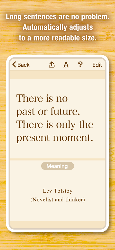 Newpedia -Dictionary Creation- - Newpedia app interface showing a quote by Lev Tolstoy with automatic text size adjustment for readability.