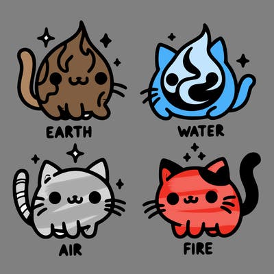 4 cats that represent the different elements, earth, water, air, and fire