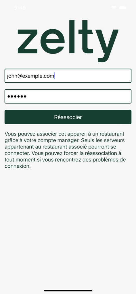 Ecrã de login da aplicação Zelty KDS e associação de dispositivo para restaurantes