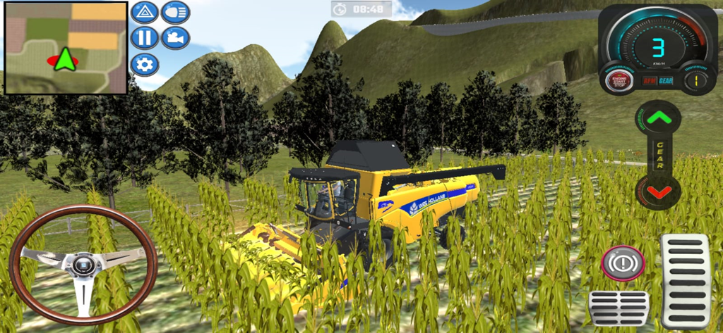 Tractor Forest Farm Simulator - Máquina cosechadora amarilla en un campo de maíz en Tractor Forest Farm Simulator
