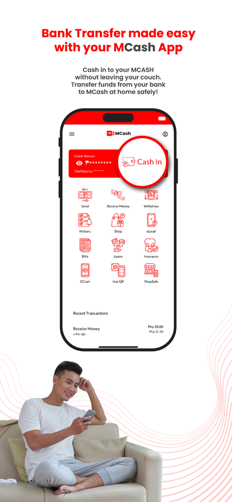 MCash-Wallet - MCash app screen showing how to cash in from a bank account at home