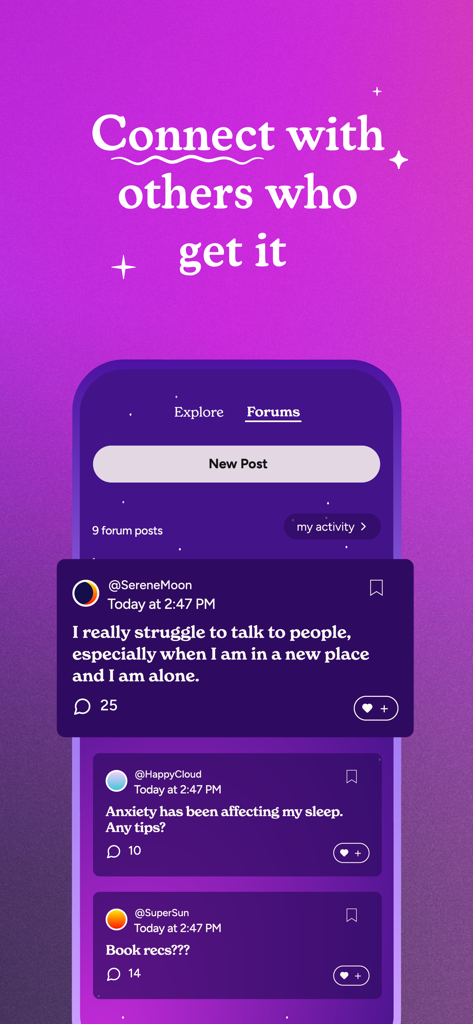 Soluna: Mental Health Care - The community forum interface of the Soluna app showing user posts and mental health discussions.