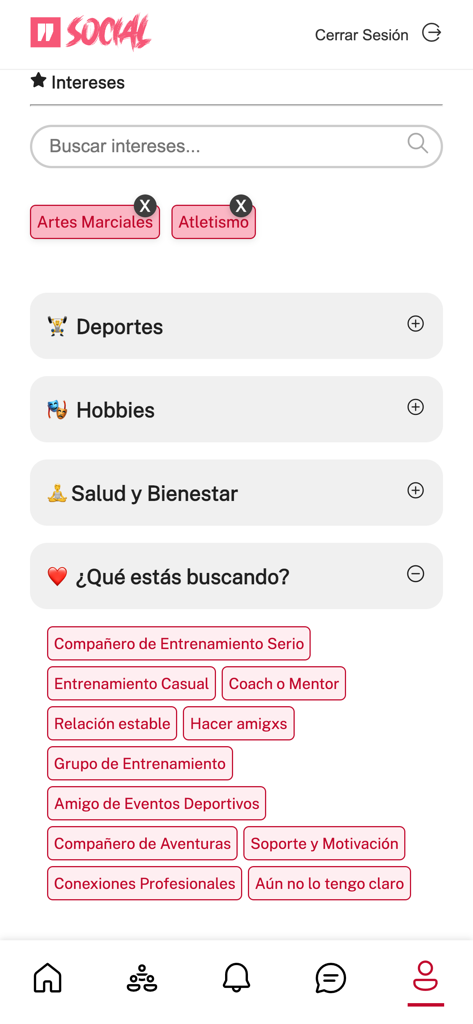 WodBuster Social - Tela do perfil do usuário para selecionar interesses de fitness e objetivos de treino no aplicativo WodBuster Social