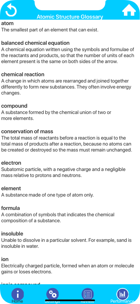 Atomic structure glossary with chemistry definitions in a mobile learning app.