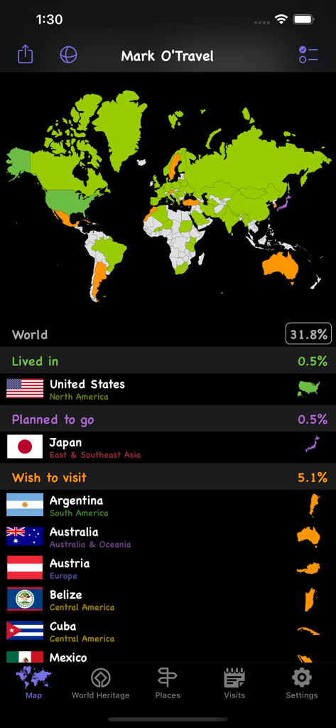 Mark O Travel app screen showing a world map with highlighted visited countries and travel statistics