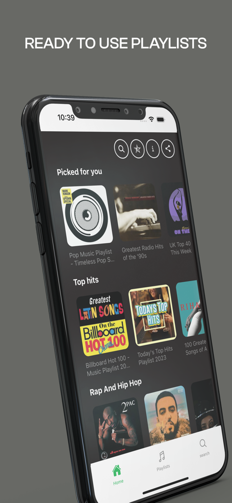 Music Player ‣ Video Streaming - Un iPhone mostrando la interfaz de la aplicación Reproductor de Música con varias listas de reproducción seleccionadas como Éxitos del momento y Rap y Hip Hop