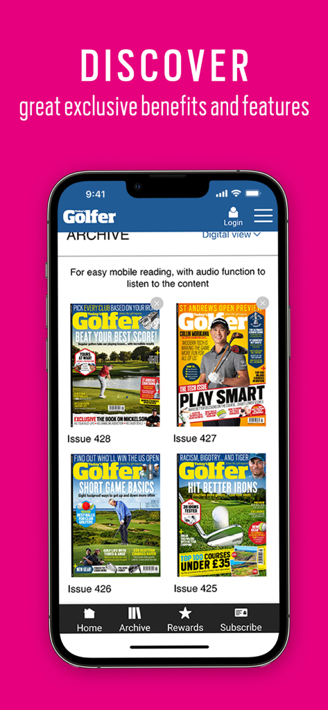 Today's Golfer: Golf Advice - A smartphone displaying the Today's Golfer app archive screen with multiple digital magazine covers available for reading