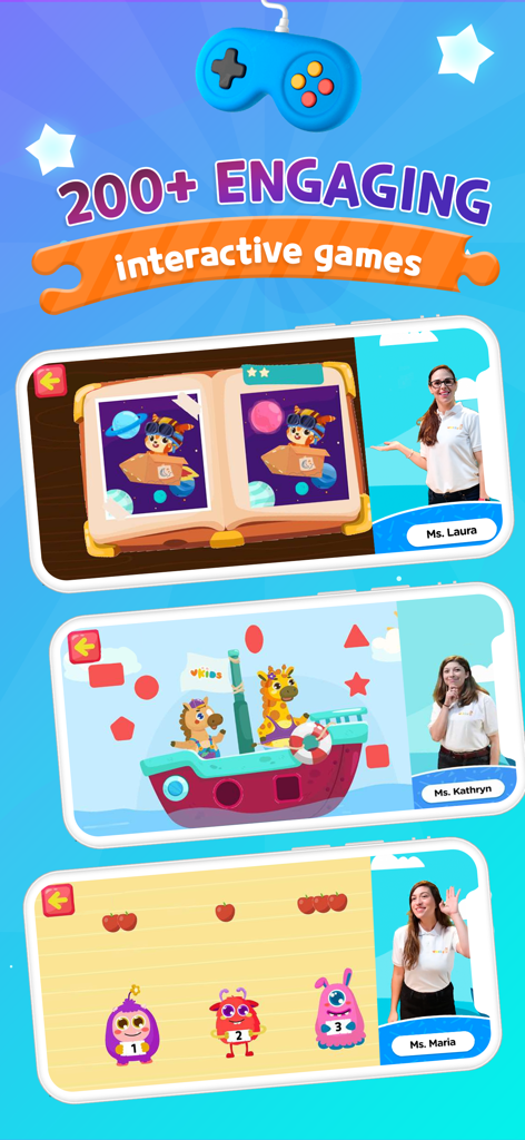 Kids Learning Games - Vkids IQ - Vkids IQ app screen showcasing interactive educational games and video lessons with teachers for kids aged 2 to 7