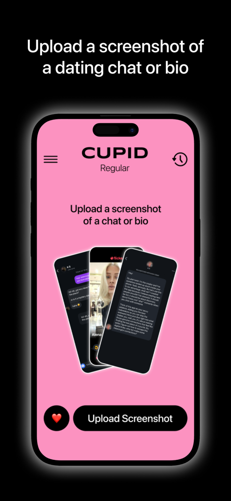 Tela do aplicativo Cupid AI dating assistant para carregar capturas de tela de conversas e biografias