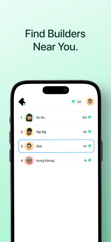 TalentOS app interface showing a list of local builders and their skill scores.